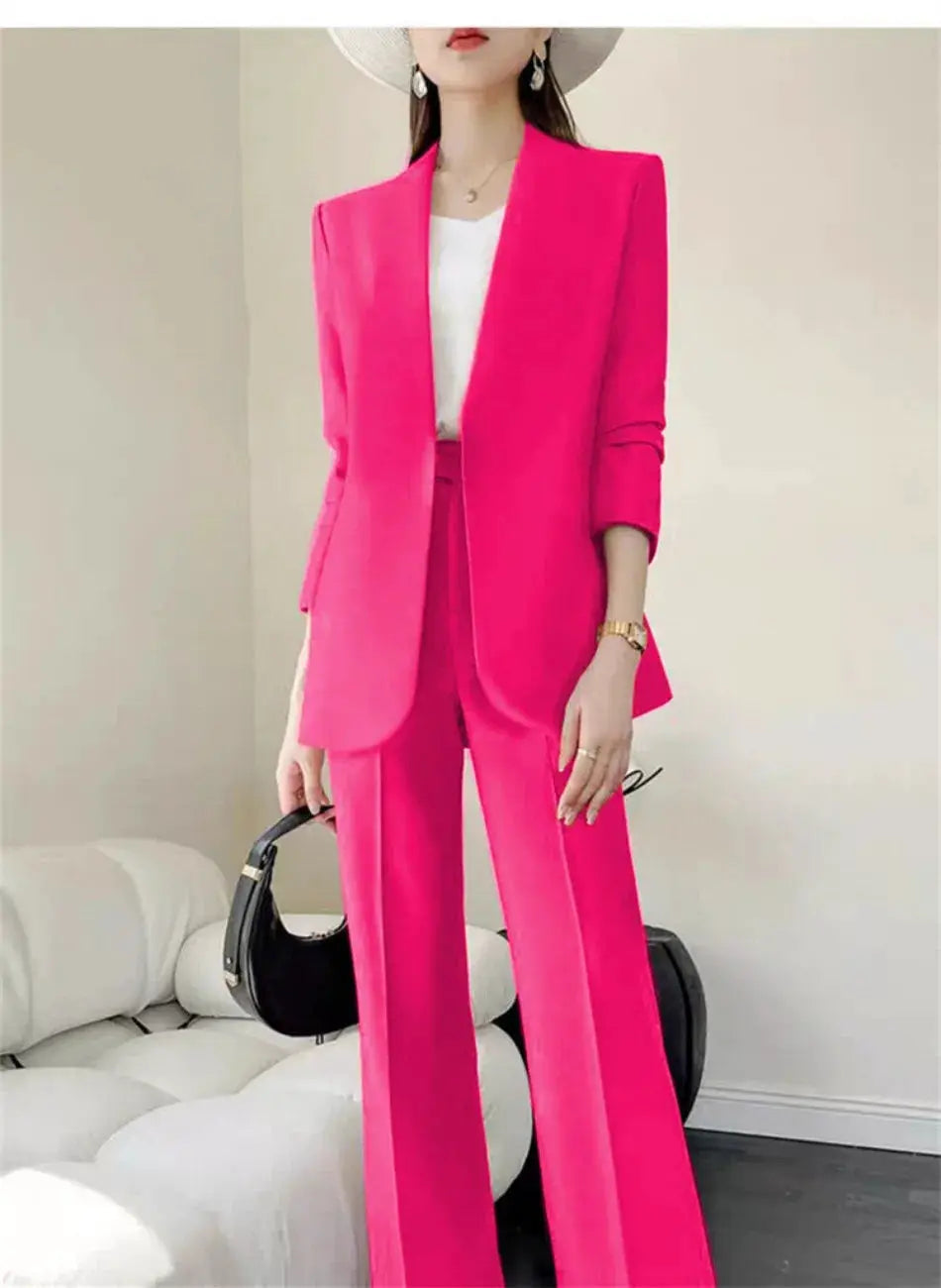 Pink 2-piece women's suit set with blazer and wide-leg pants, vibrant office-ready style