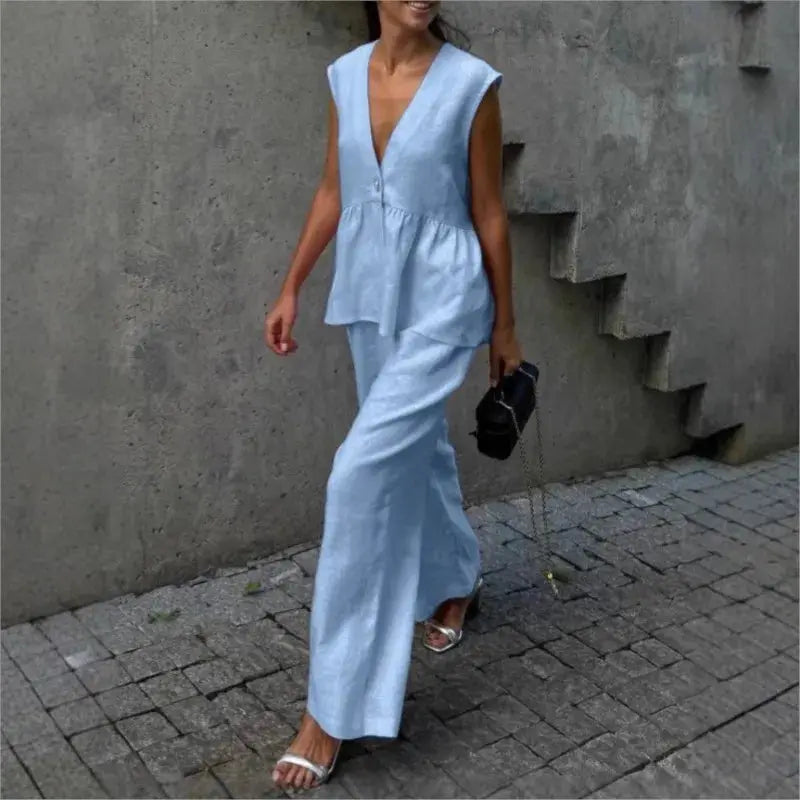 Women Sleeveless V Neck Top Two Piece Summer Set With Straight Pants