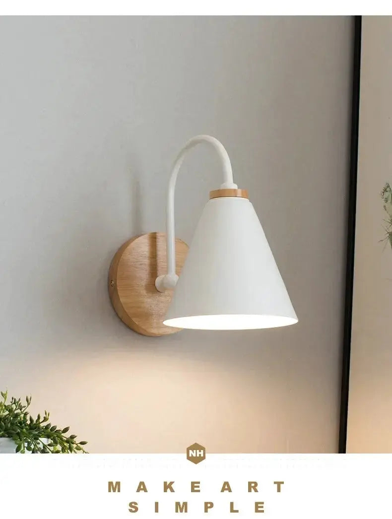 Nordic wall sconce light fixture with white conical shade and round wooden backplate