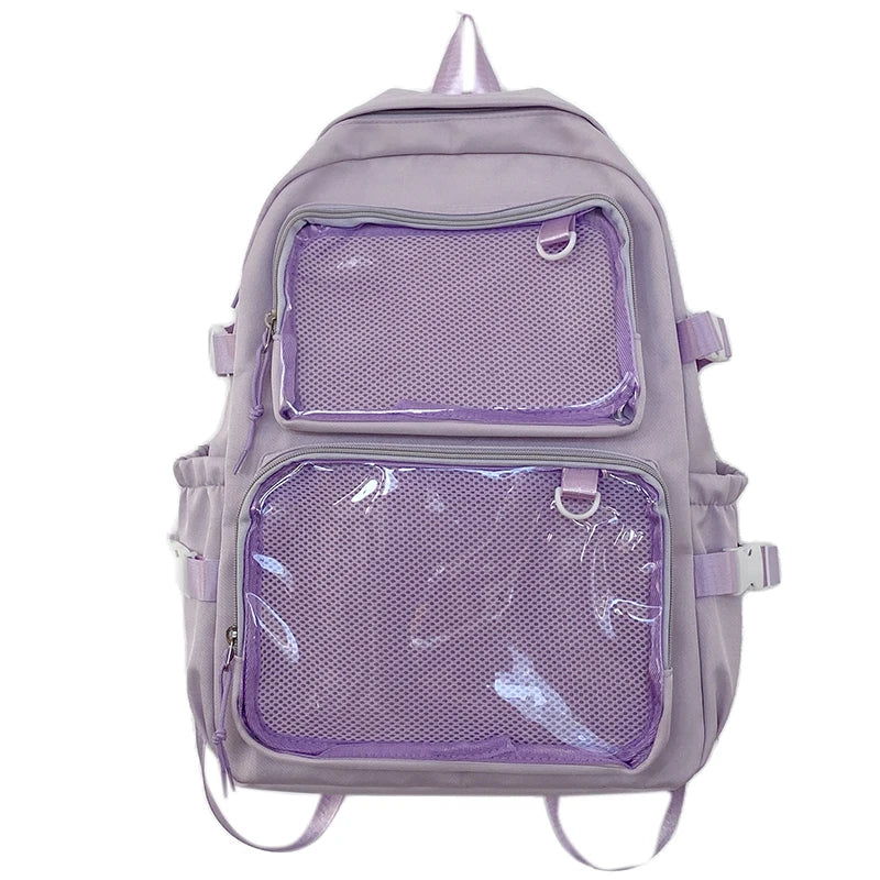 Japanese-style ita bag backpack in lavender with two clear mesh front pockets