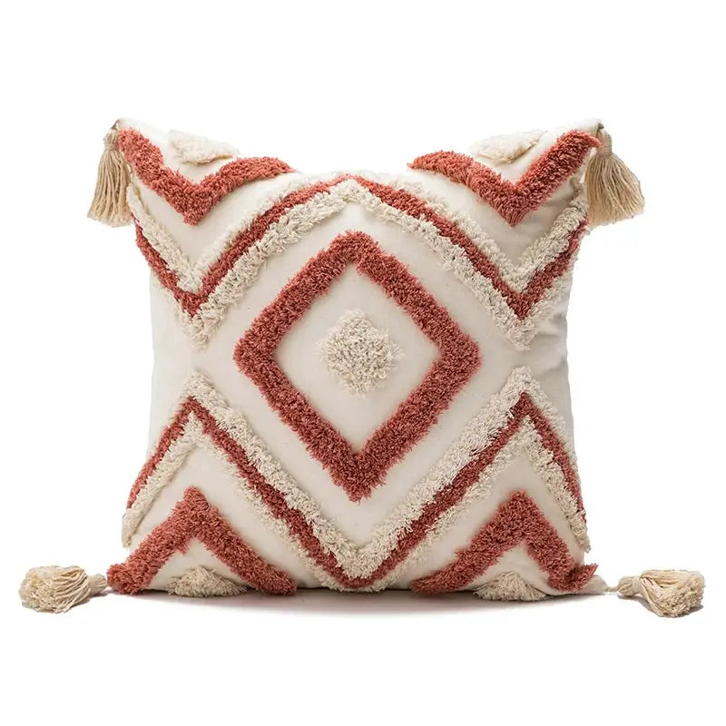 Pillow cover: cream base with pink diamond tufting and tassel corners