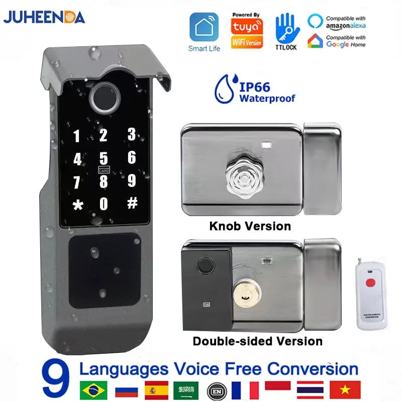 Fingerprint gate door lock with keypad; metal smart lock, knob and double-sided variants (2), remote control included