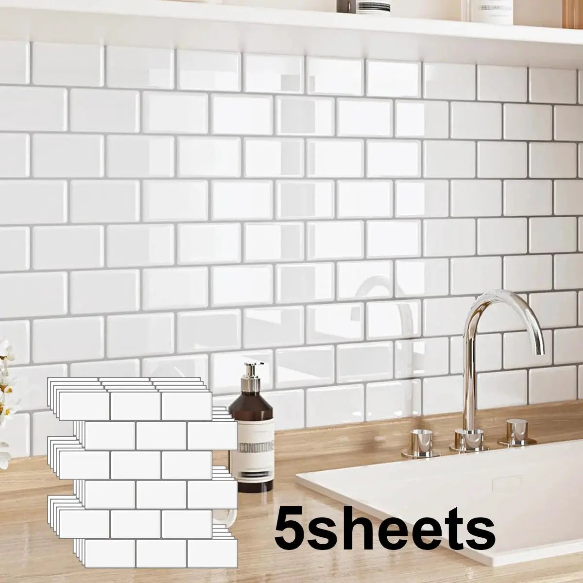 Simples Market 5 sheets white subway tile backsplash, waterproof peel-and-stick for kitchen or bathroom