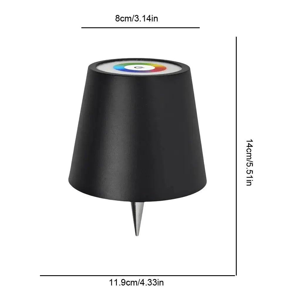 Wireless LED bottle lamp for wine bottles, black cone-shaped lamp with touch control, outdoor use.