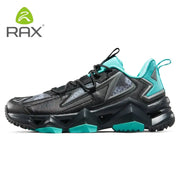 RAX men's waterproof hiking shoes with teal accents, black rugged outdoor trekking sneakers