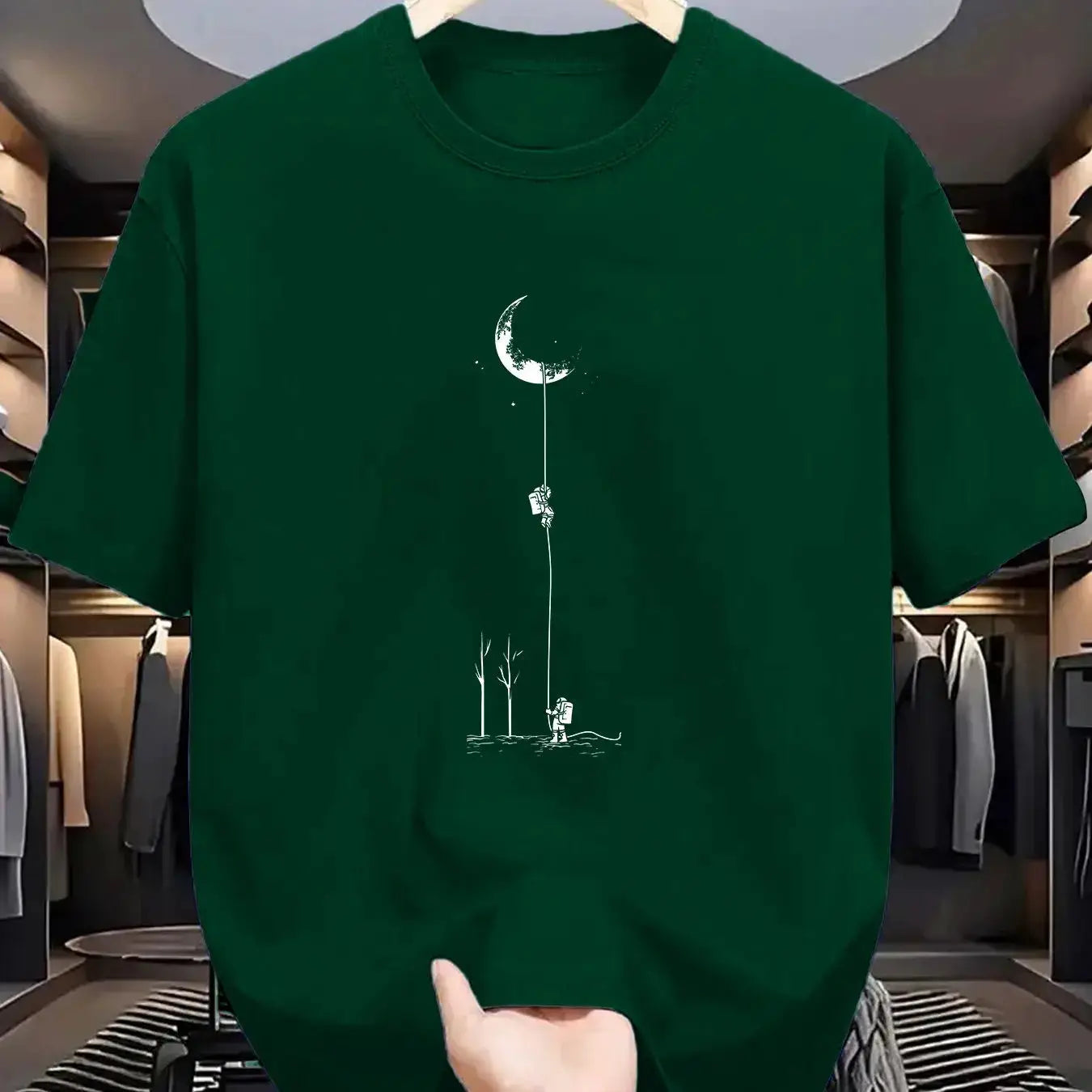Summer Men's 100 Percent Cotton Casual Loose Fit Plus Size Moon Landing Pattern T Shirt Round Neck Short Sleeve