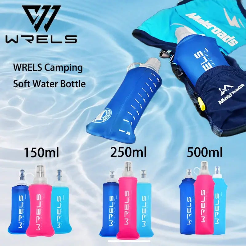 WRELS camping soft water bottle set, 150ml/250ml/500ml with blue hydration pouch