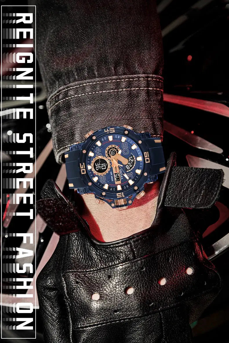 Military-style blue men's sports watch with gold-tone accents on a wrist in a black leather jacket