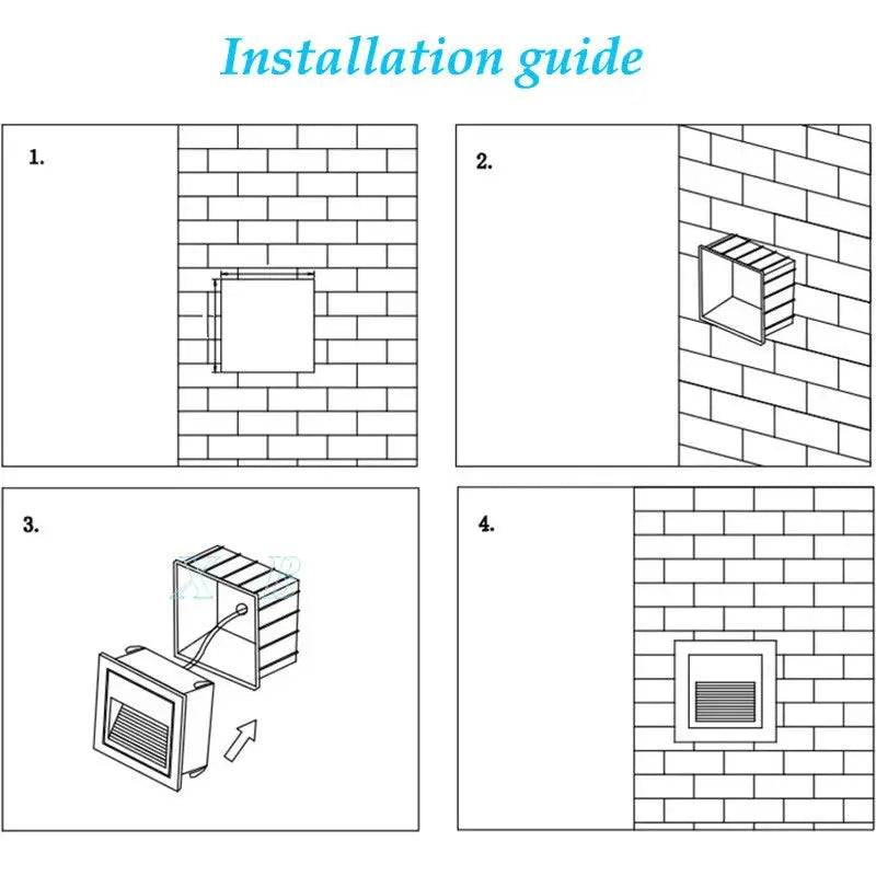 Simples Market LED wall lamp installation guide: recessed square stair light on brick wall, 4-step diagrams.