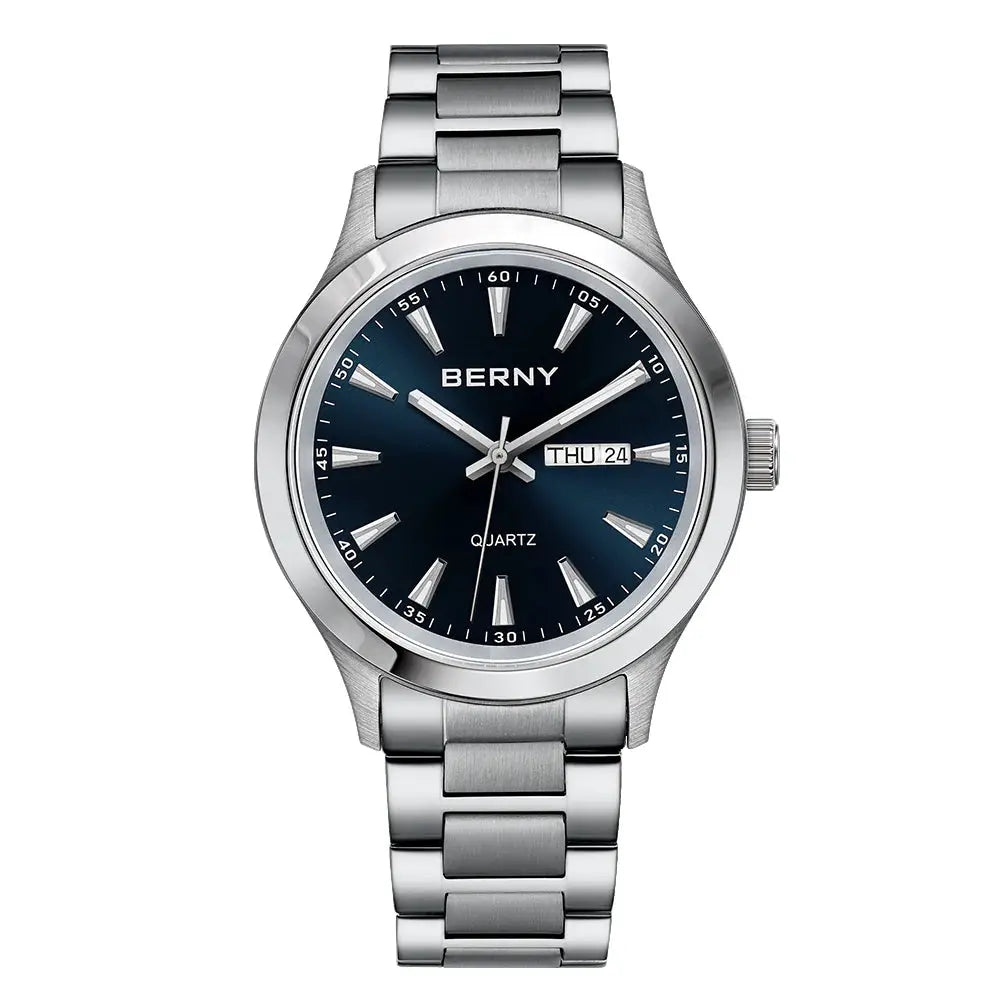 BERNY men's quartz watch with stainless steel bracelet and blue dial with day-date window.