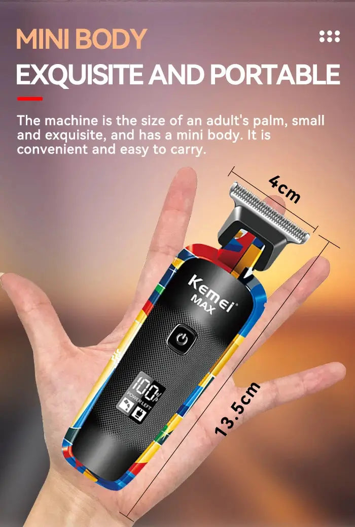 Kemei KM-MAX5090 electric hair clipper in colorful graffiti pattern, handheld USB shaver (13.5 cm).
