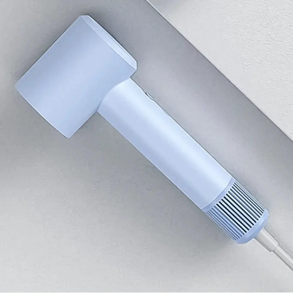 Hair dryer with square nozzle; white body and light blue accents, handheld professional model.