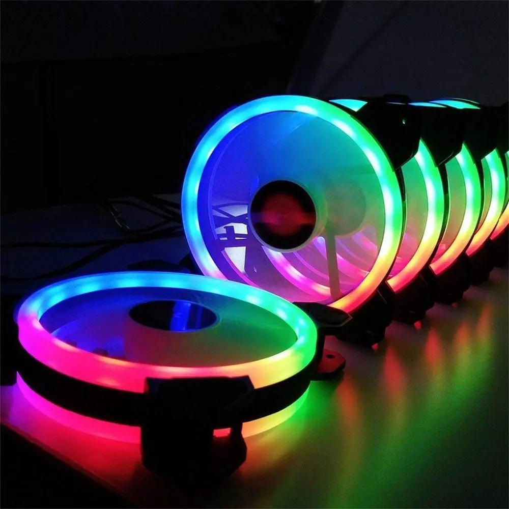 RGB 120mm computer case fans with multicolor LED rings arranged in a row