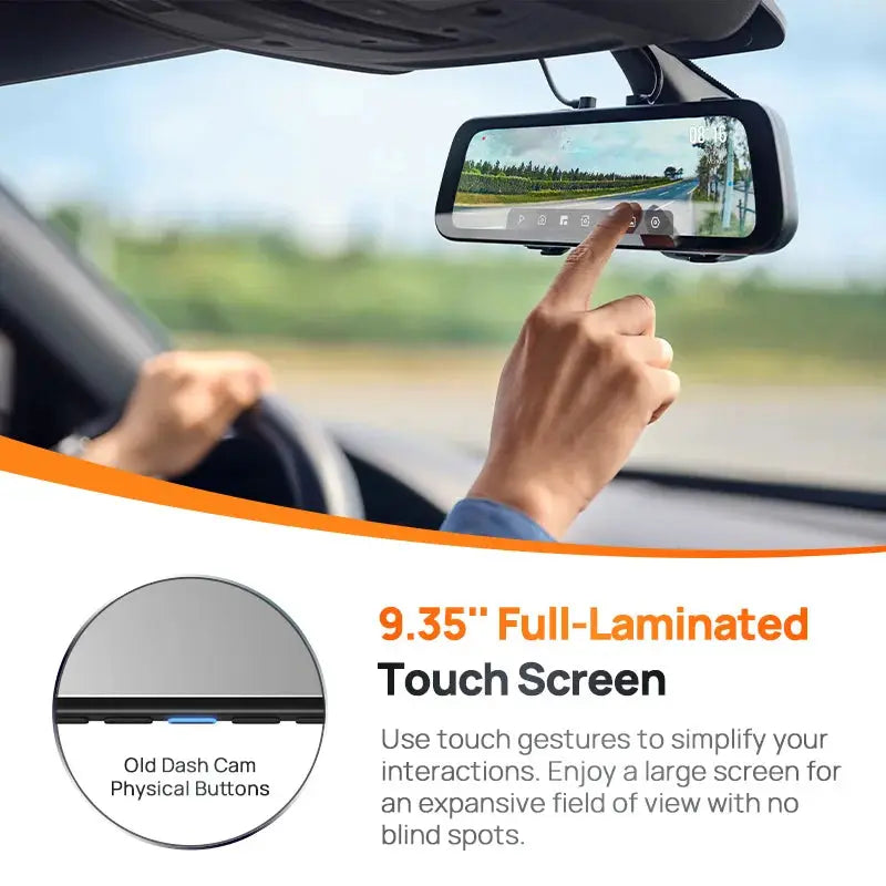 70mai Rearview Dash Cam S500 with 9.35-inch full-laminated touch screen mounted on a car rearview mirror