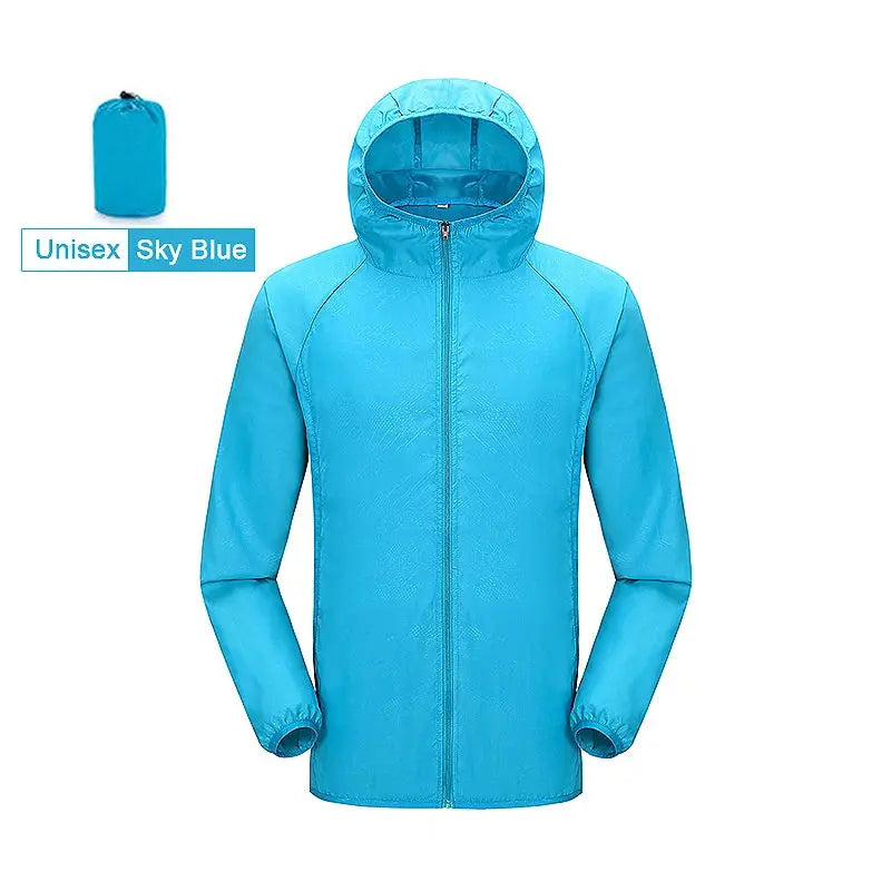 JNLN unisex hiking jacket sky blue, hooded waterproof windbreaker