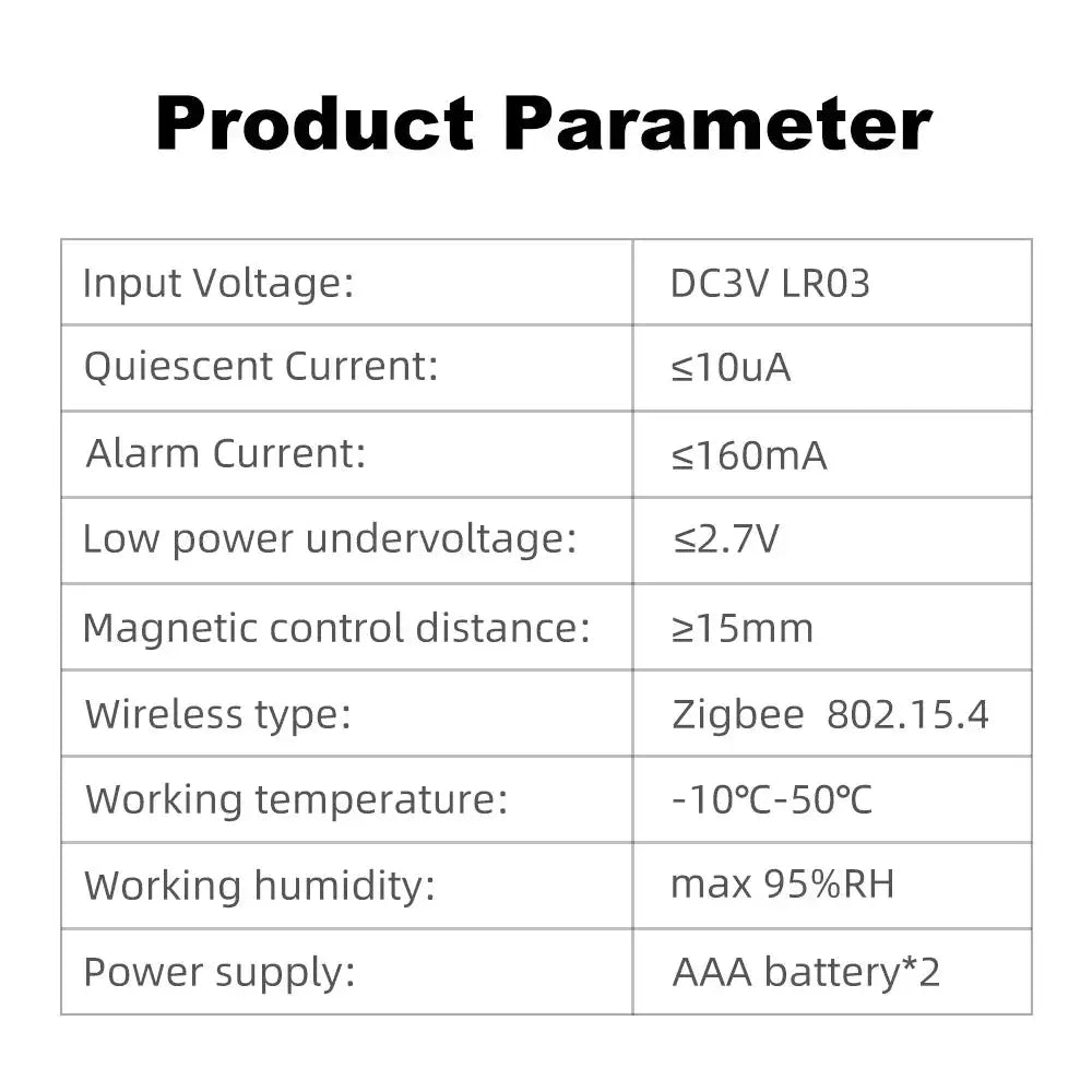 Door/window Zigbee sensor by Simples Market; open/closed detector, 3V DC, 2 AAA batteries, 15mm magnetic gap.