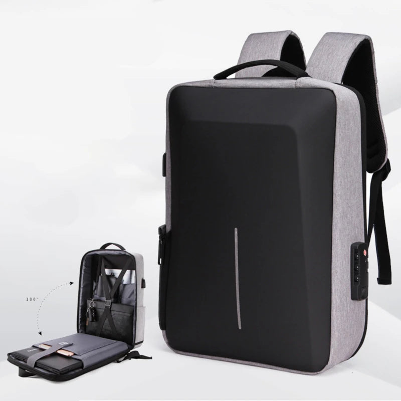 Men's hard-shell anti-theft backpack, grey with black front panel and USB charging port