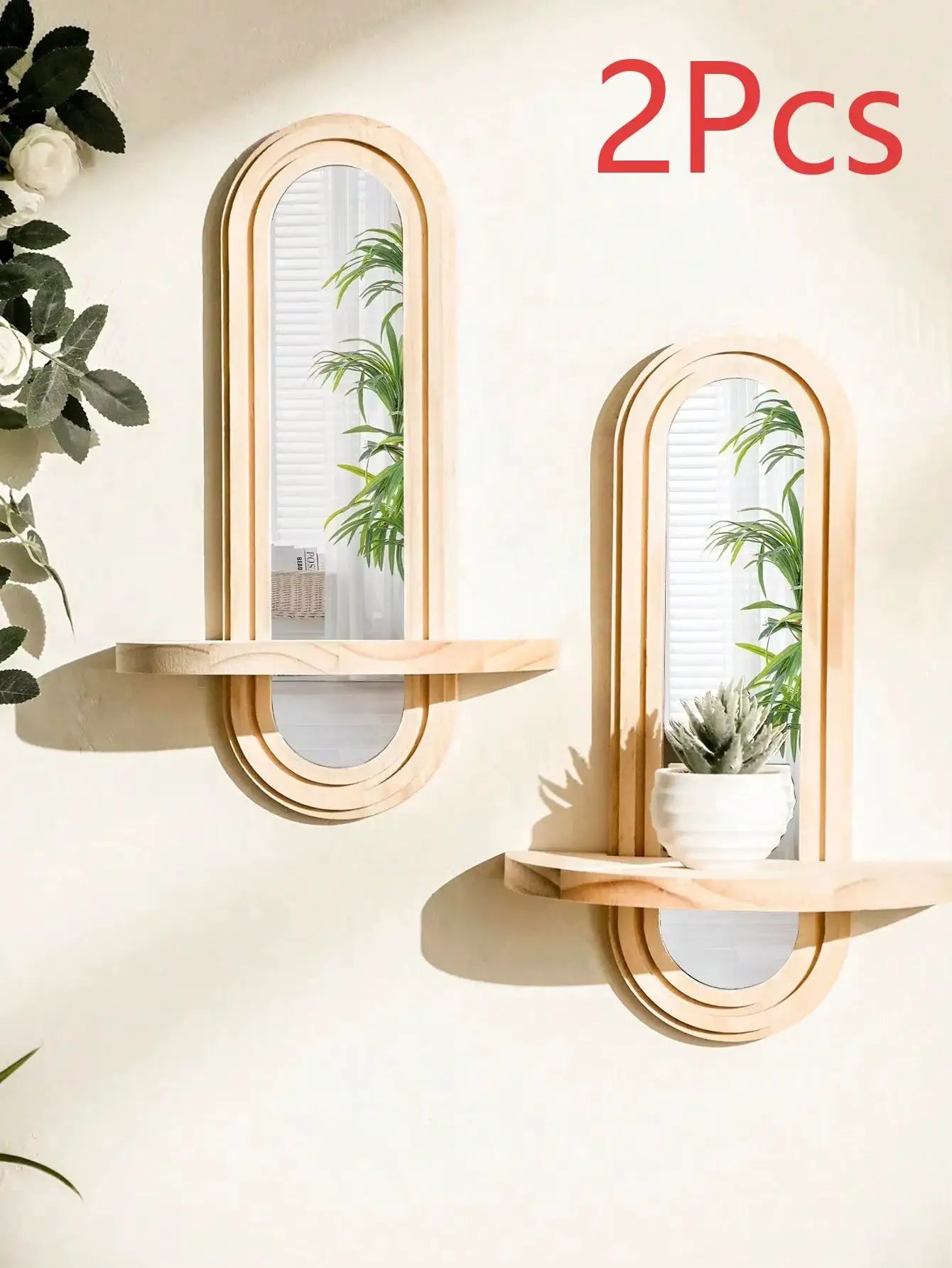 2-piece Simples Market boho-style geometric wooden wall shelves with mirrors in natural wood finish