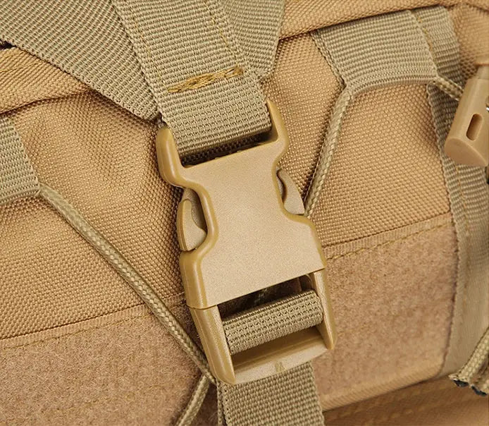 Tactical sling bag in tan by Simples Market with MOLLE straps and plastic buckle