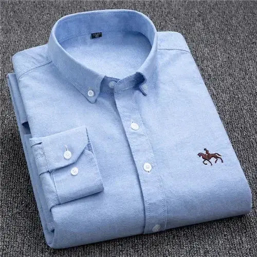 Men's light-blue pure cotton Oxford shirt with long sleeves and horse embroidery on the chest.