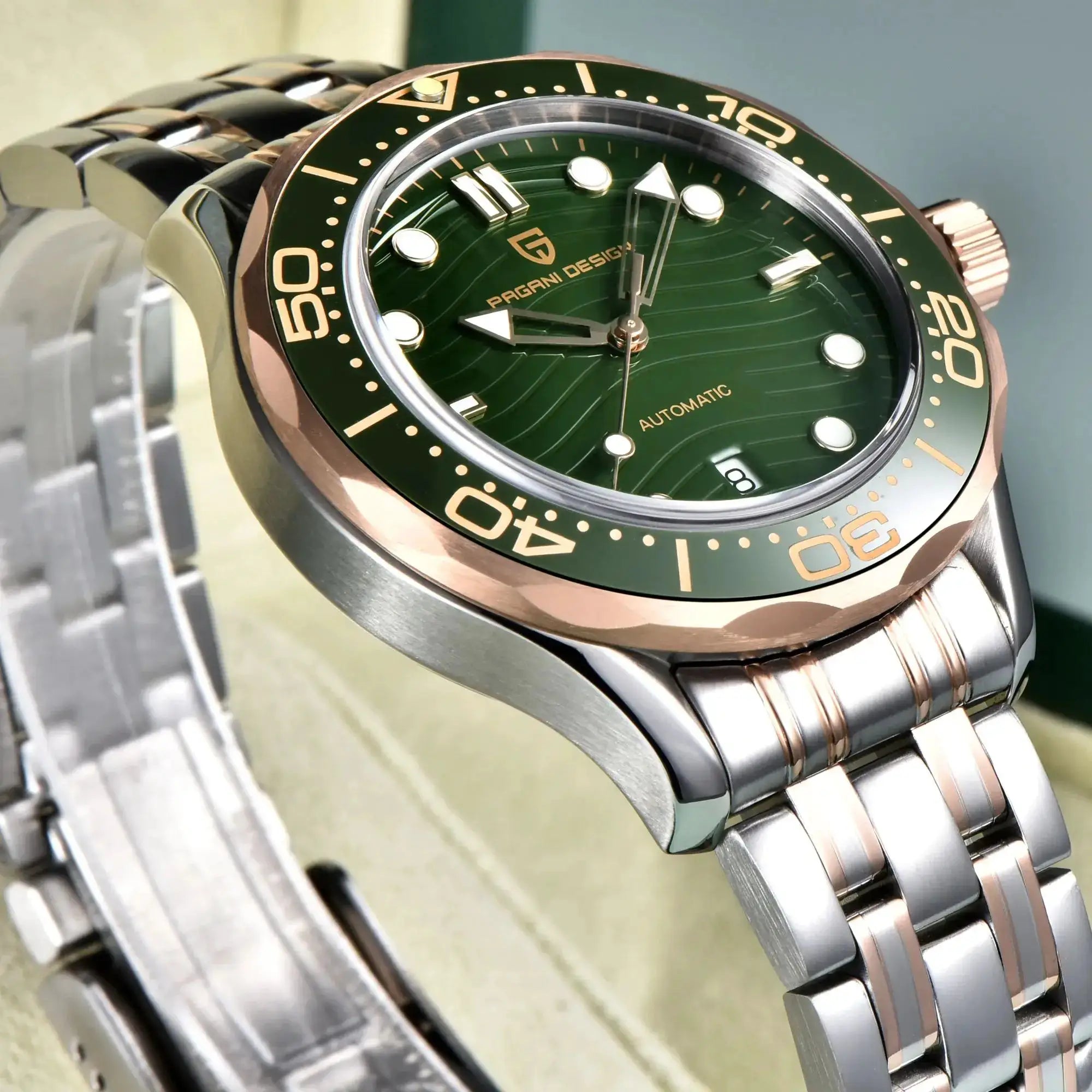 Pagani Design men's automatic wristwatch with green dial, rose-gold bezel and stainless steel bracelet