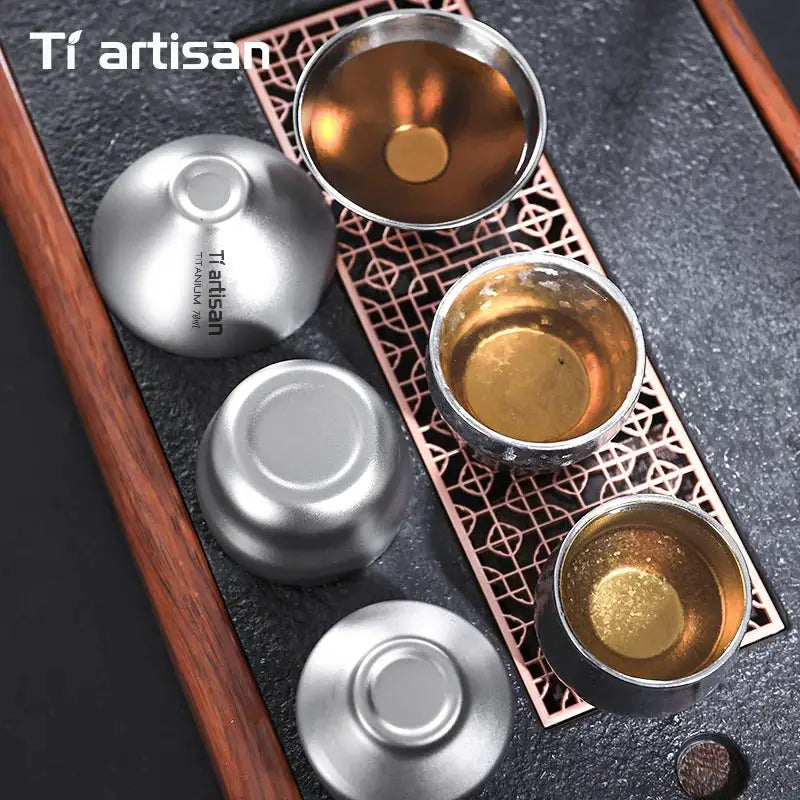 Tiartisan titanium 80ml double‑layer gourd teacups set of 4 for outdoor camping