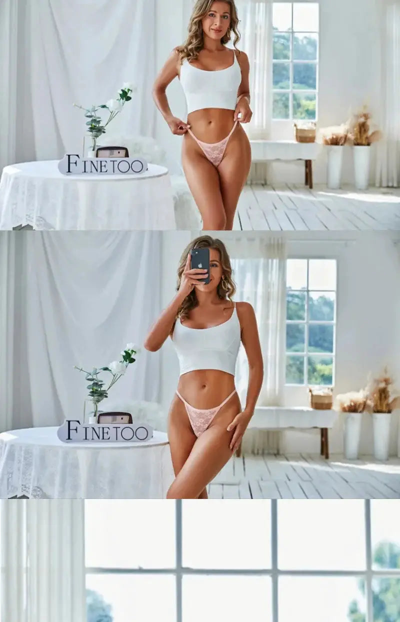 5-piece women's lace panty set with pink floral thong underwear, FINETOO
