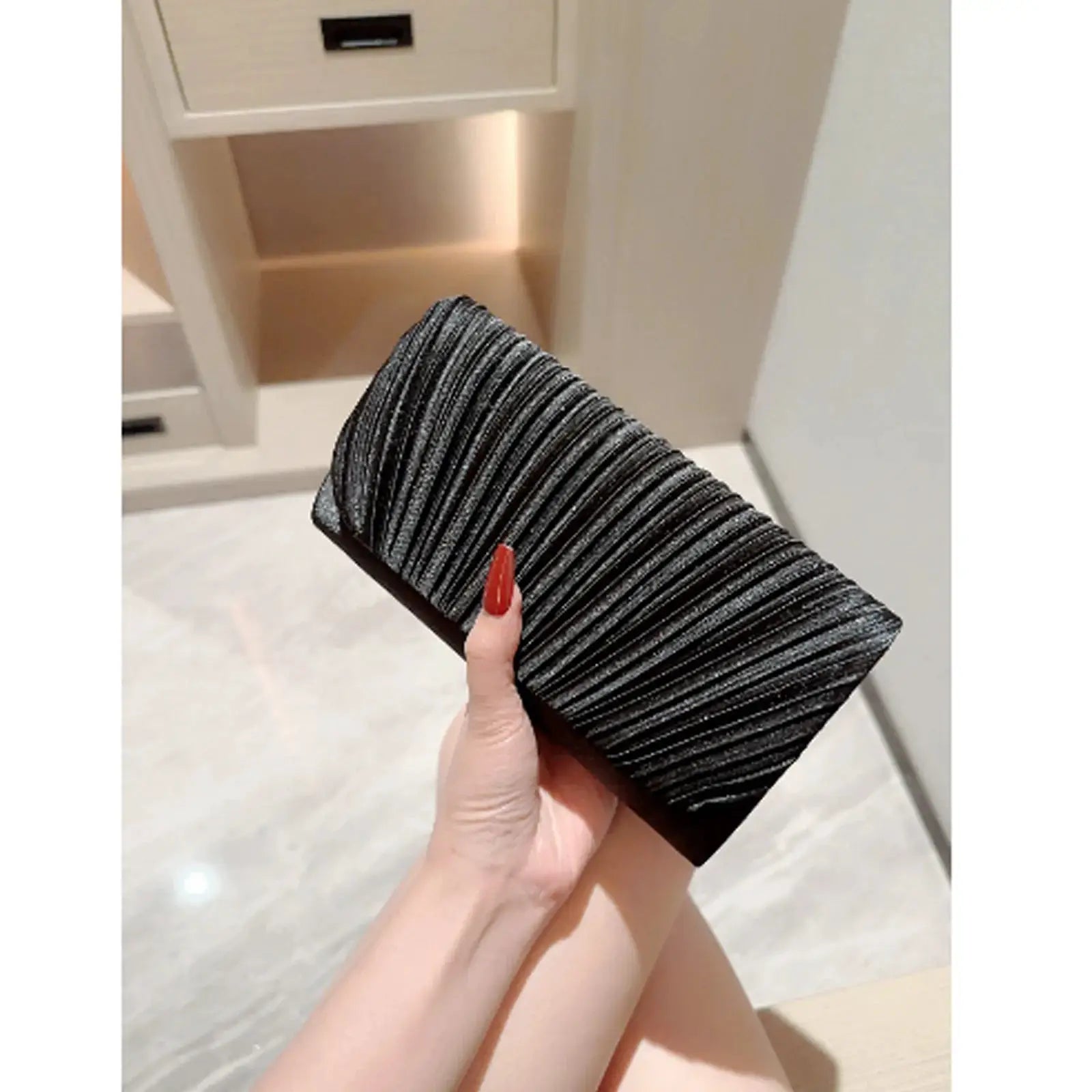 Black metallic pleated evening clutch bag for women
