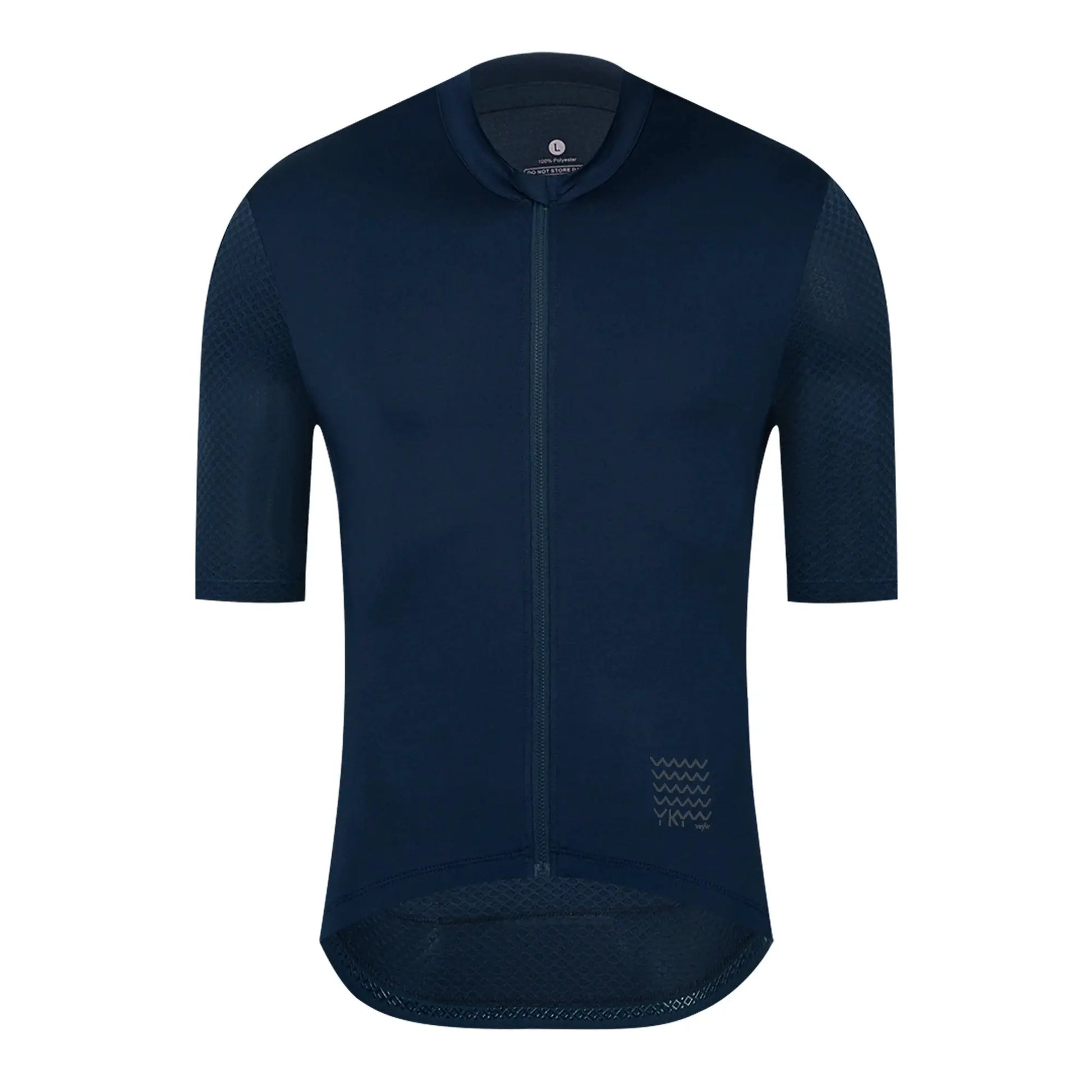 Men's navy cycling jersey with full front zipper and breathable mesh sleeves.