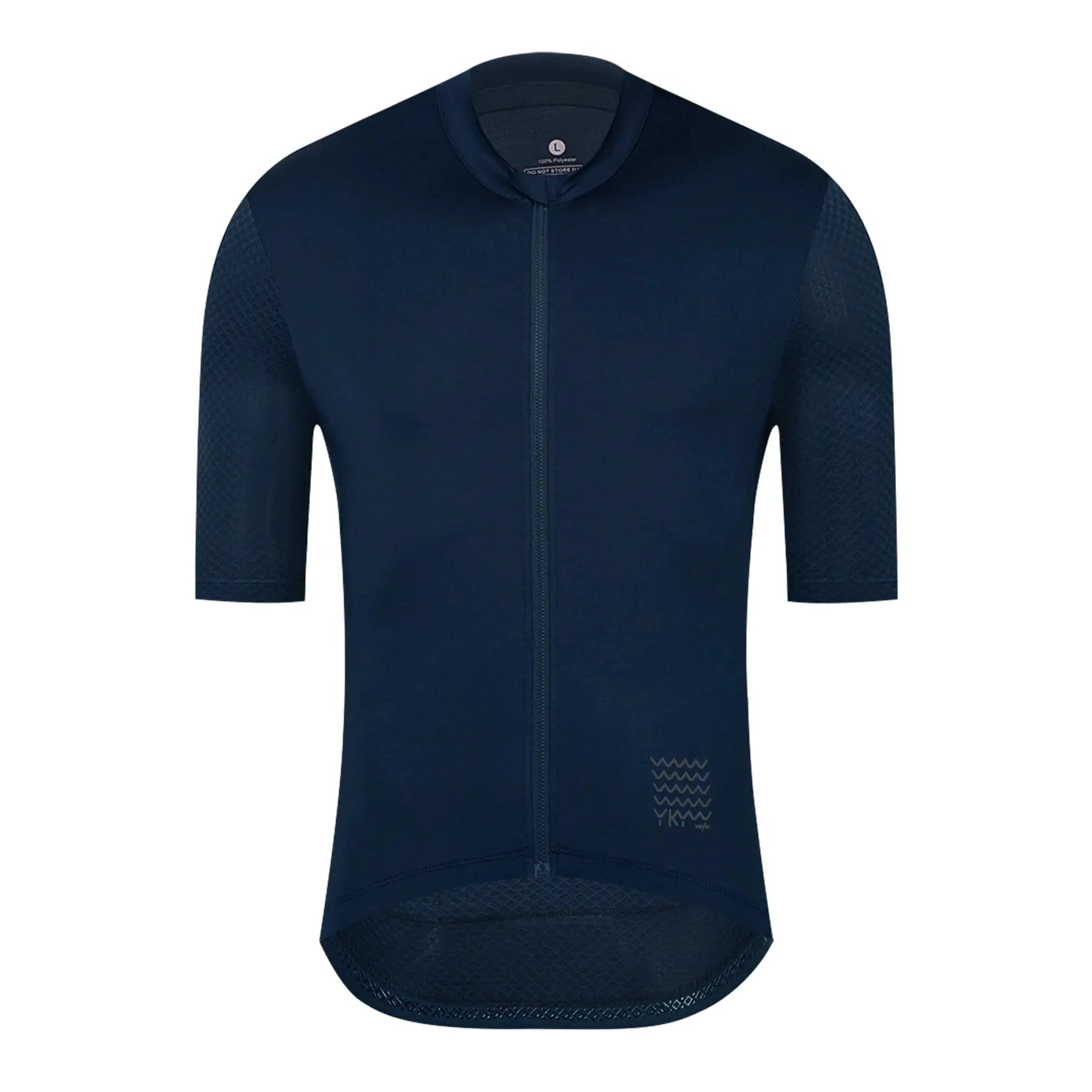 Men's navy cycling jersey with full front zipper and breathable mesh sleeves.