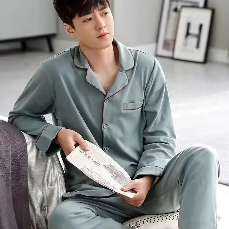 Cotton Men Pajamas Set of Autumn Winter Long-Sleeved Cardigan Plus Size Men Models of Home Clothing Plaid Sleepwear 2PCS/Set