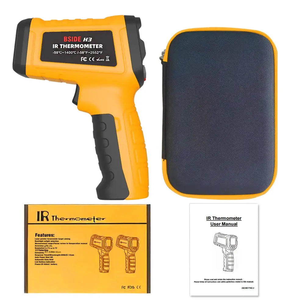 BSIDE infrared thermometer 4-piece kit: yellow handheld IR thermometer with black grip, case, box, and manual.