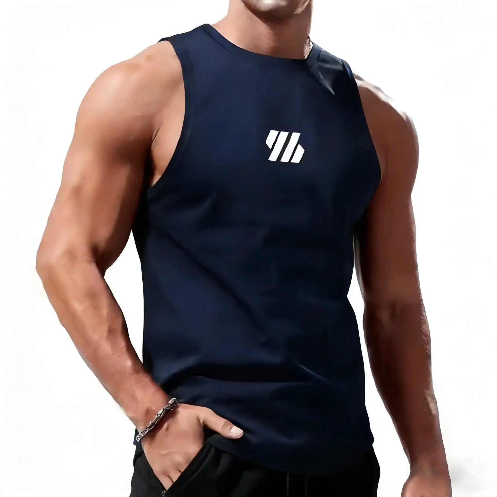 Simples Market men's navy sport vest; quick-dry training tank top with white three-stripe logo