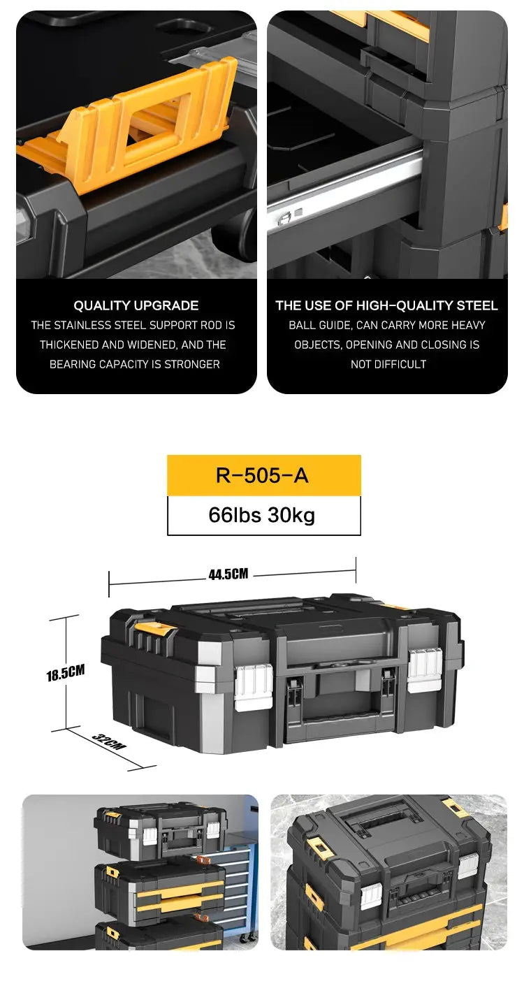 AIRAJ Stackable Modular Toolbox Set by Simples Market with wheels; black and gray tool chest with yellow latches.