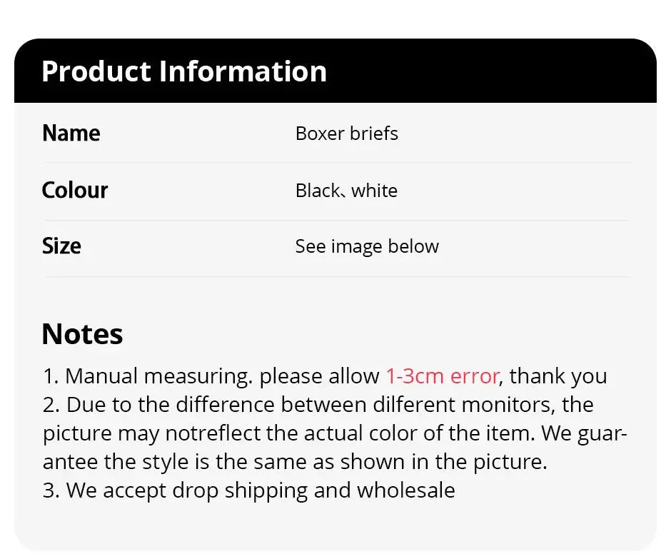 Boxer briefs by Simples Market in black and white; multiple sizes listed on product information card