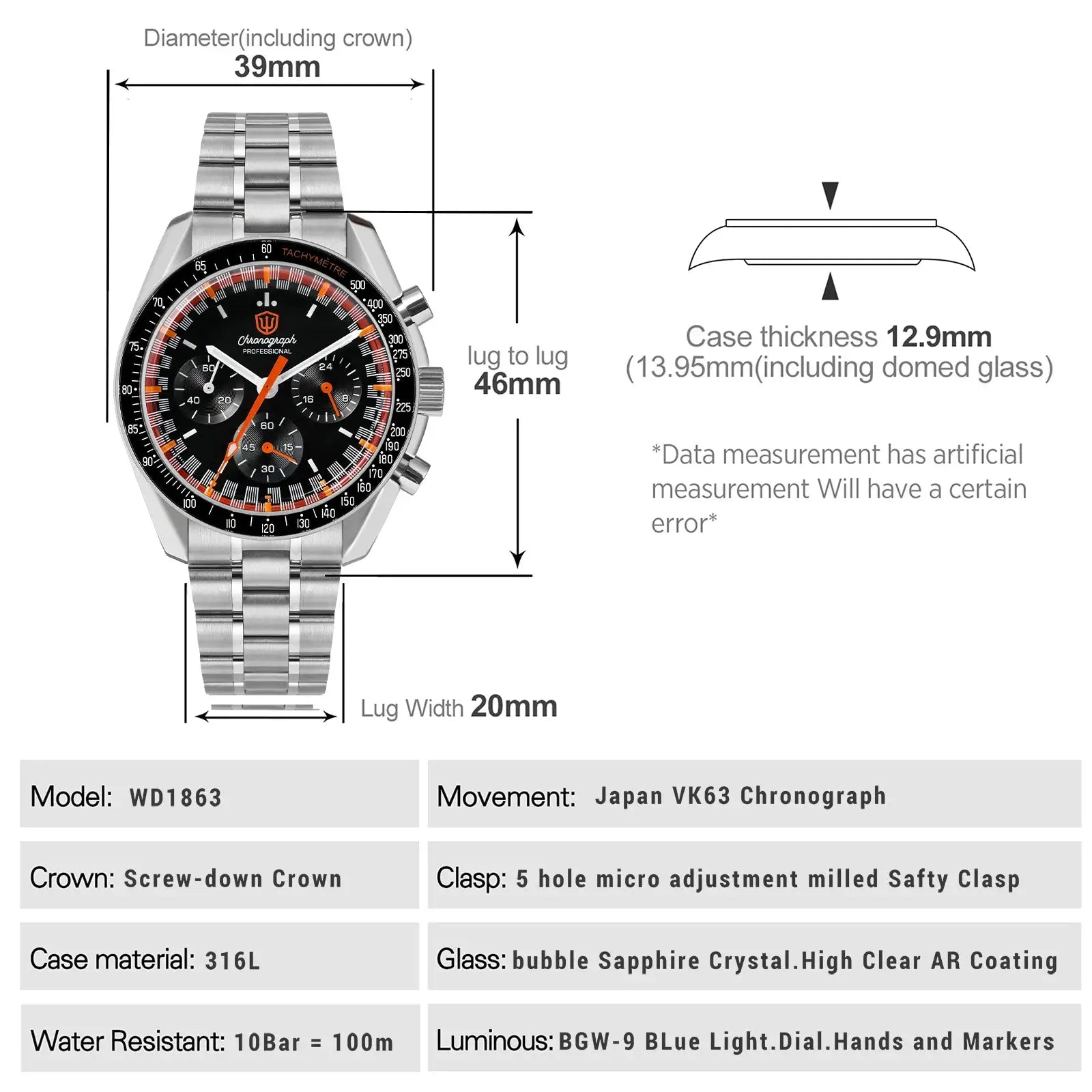 Watchdives WD1863 stainless steel chronograph watch, Simples Market; black dial with orange hands, 39mm, 10Bar WR