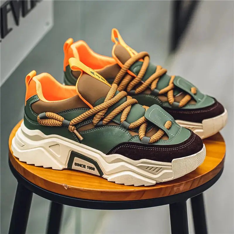 Pair of men's casual low-top sneakers in green with orange lining and chunky white sole.