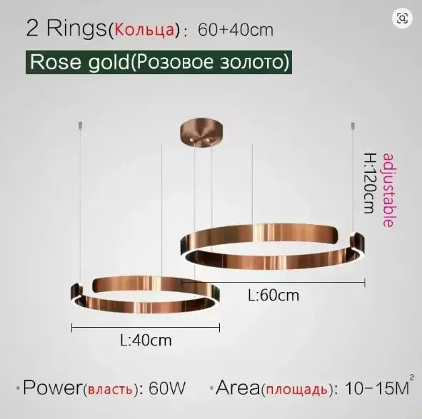 Simples Market rose-gold 2-ring ceiling pendant chandelier; adjustable height LED lights with 40cm and 60cm rings