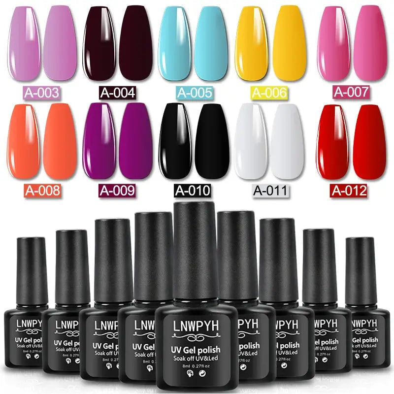Gel nail polish kit with 10 color swatches A-003 to A-012 and 12 black LNW UV gel polish bottles.
