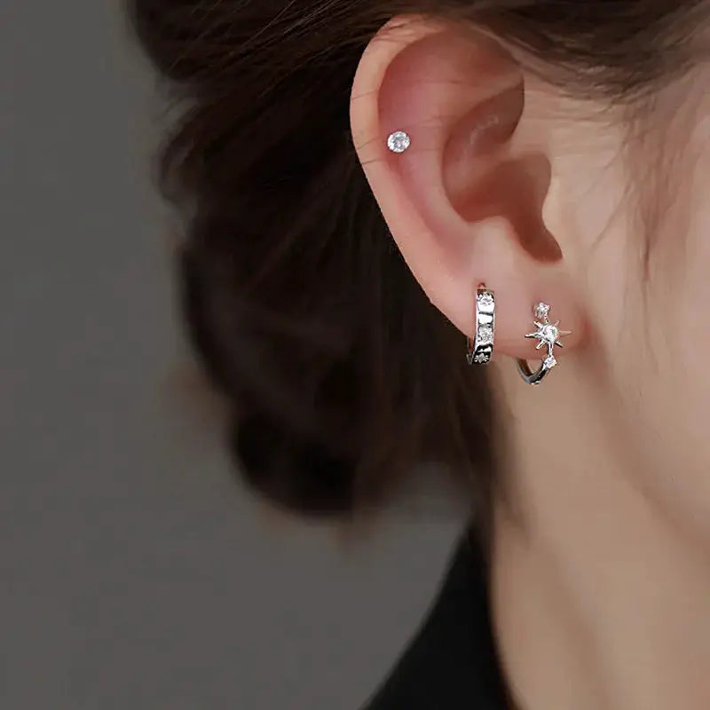 925 Sterling Silver Zircon Star Asymmetry Hoop Earrings; three silver ear pieces: small stud, crystal hoop, star stud