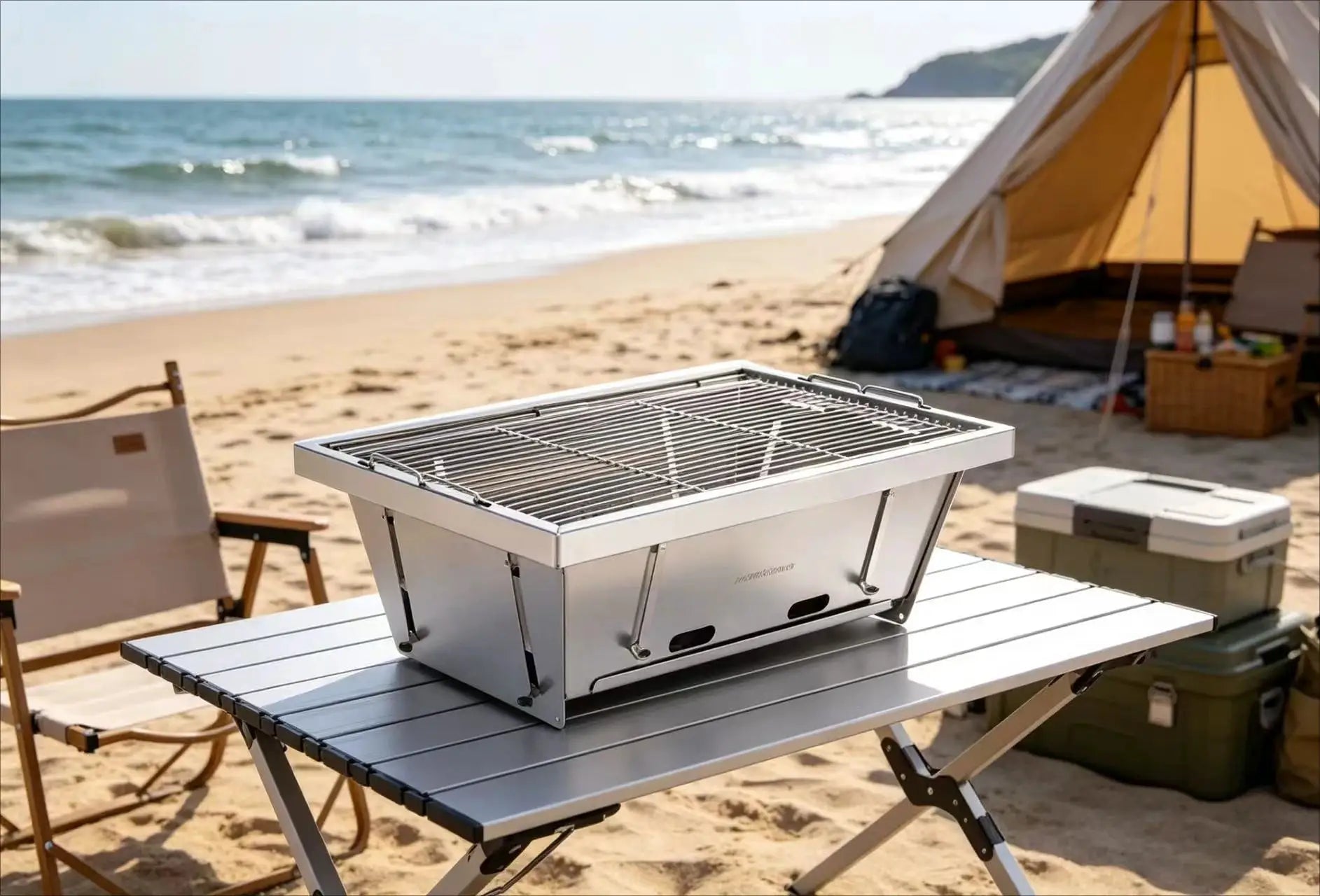 MOUNTAINHIKER 304 stainless steel portable barbecue grill on folding table at a beach campsite