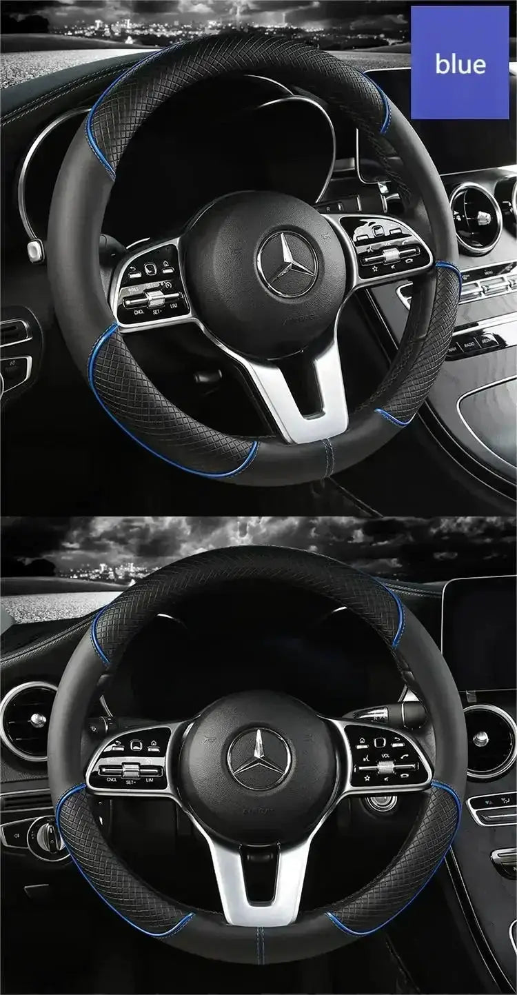 Car steering wheel cover 38cm, microfiber leather with blue stitching, non-slip, Simples Market