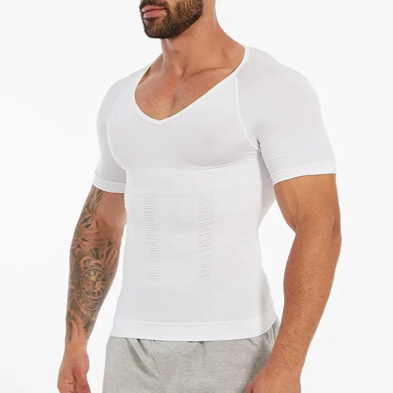 Men's white V-neck compression undershirt with abdominal panels for tummy control.