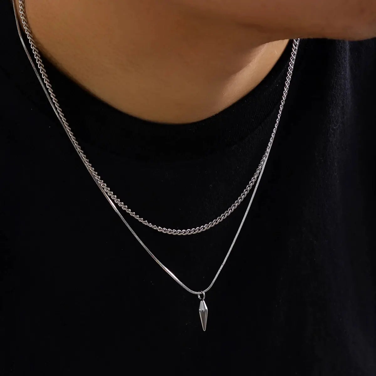 KunJoe 2pc stainless steel rivet pendant necklace set with thin snake and Cuban link chains; spike pendant