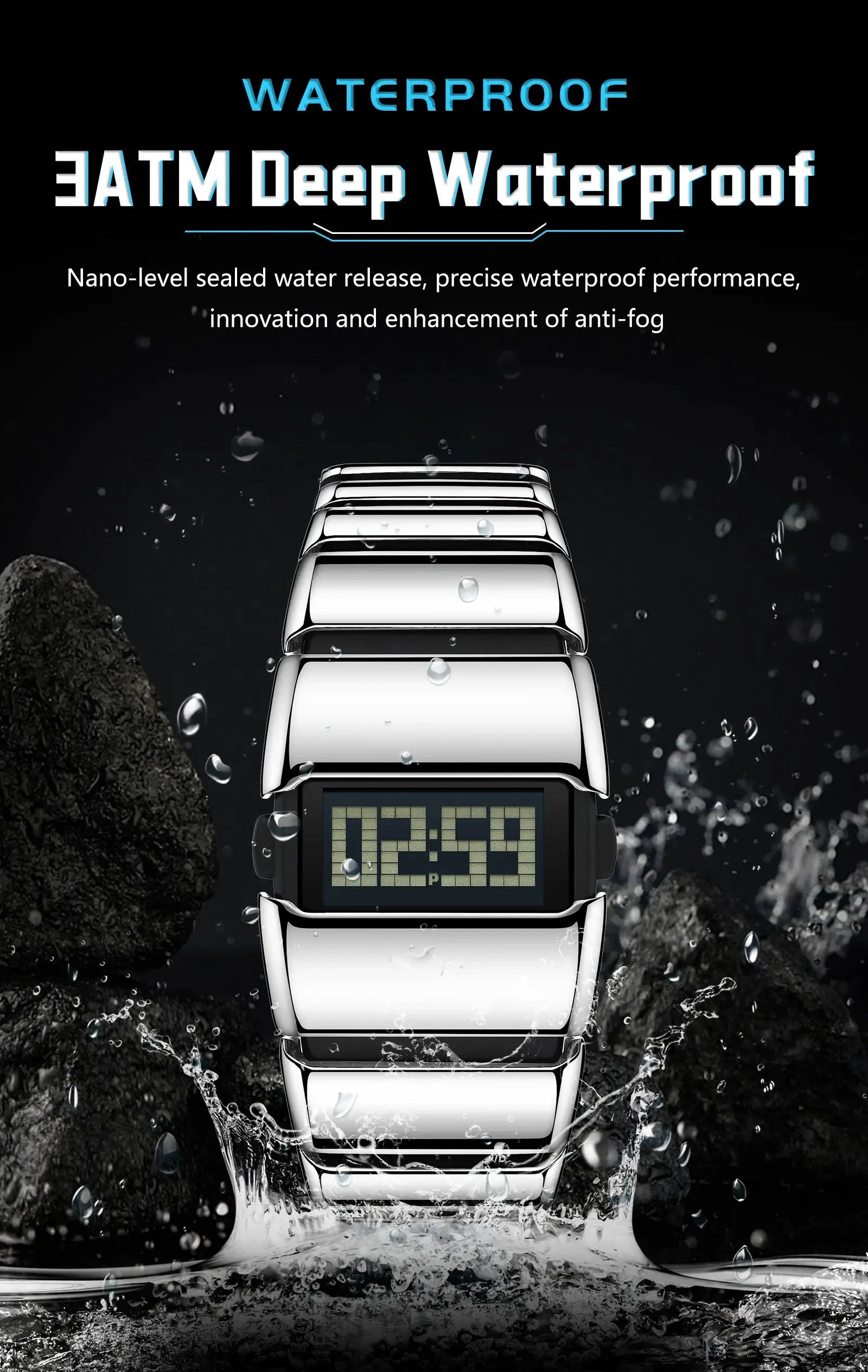 POEDAGAR LED digital men's watch with stainless steel band, waterproof