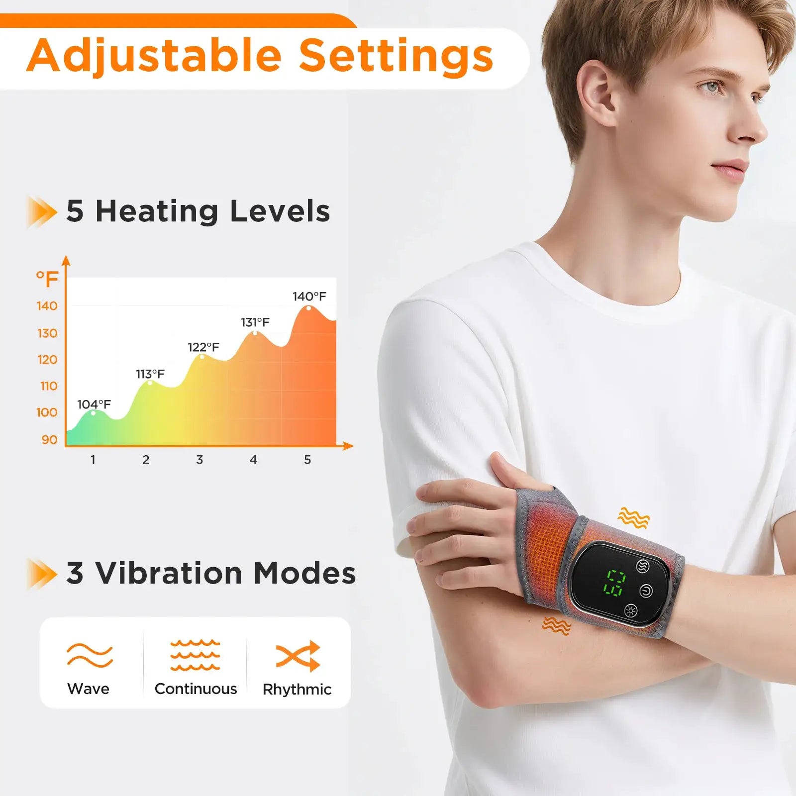 Cordless wrist hand heated massager by Simples Market with digital display on orange-gray wrap
