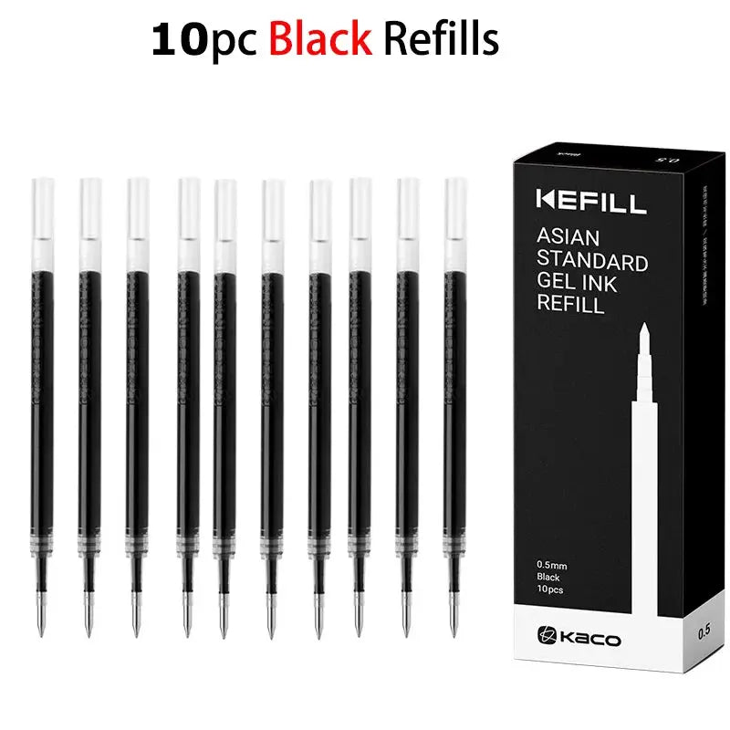Gel pen set with 12 black ink pens featuring metal clips and a KEFILL refill box, 0.5mm tip