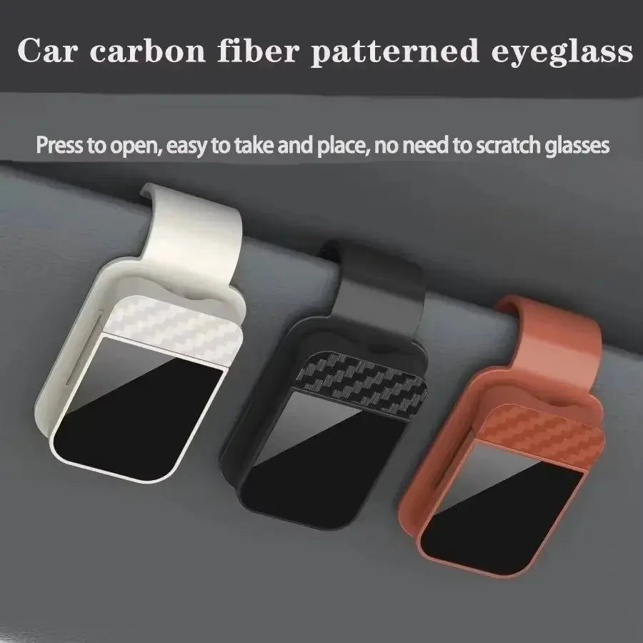 Car sun visor sunglasses clip set (3) in white, carbon-fiber black, and copper