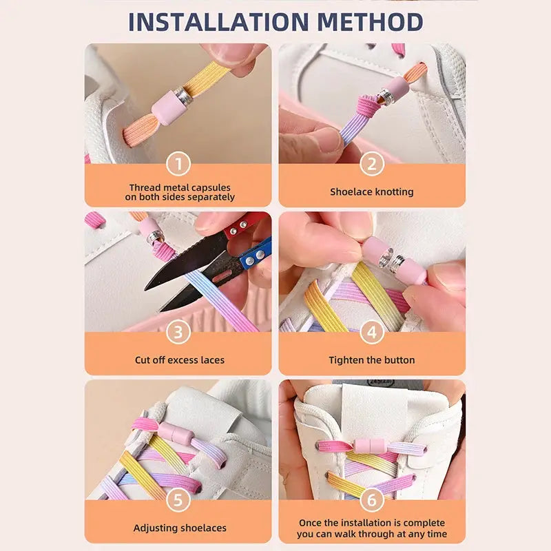 Simples Market no-tie elastic shoelaces with pastel pink, purple and yellow buckles for sneakers