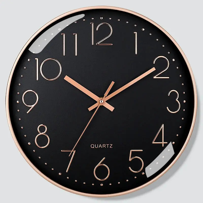 Simples Market 8-inch mute wall clock with black dial, rose-gold frame, quartz movement